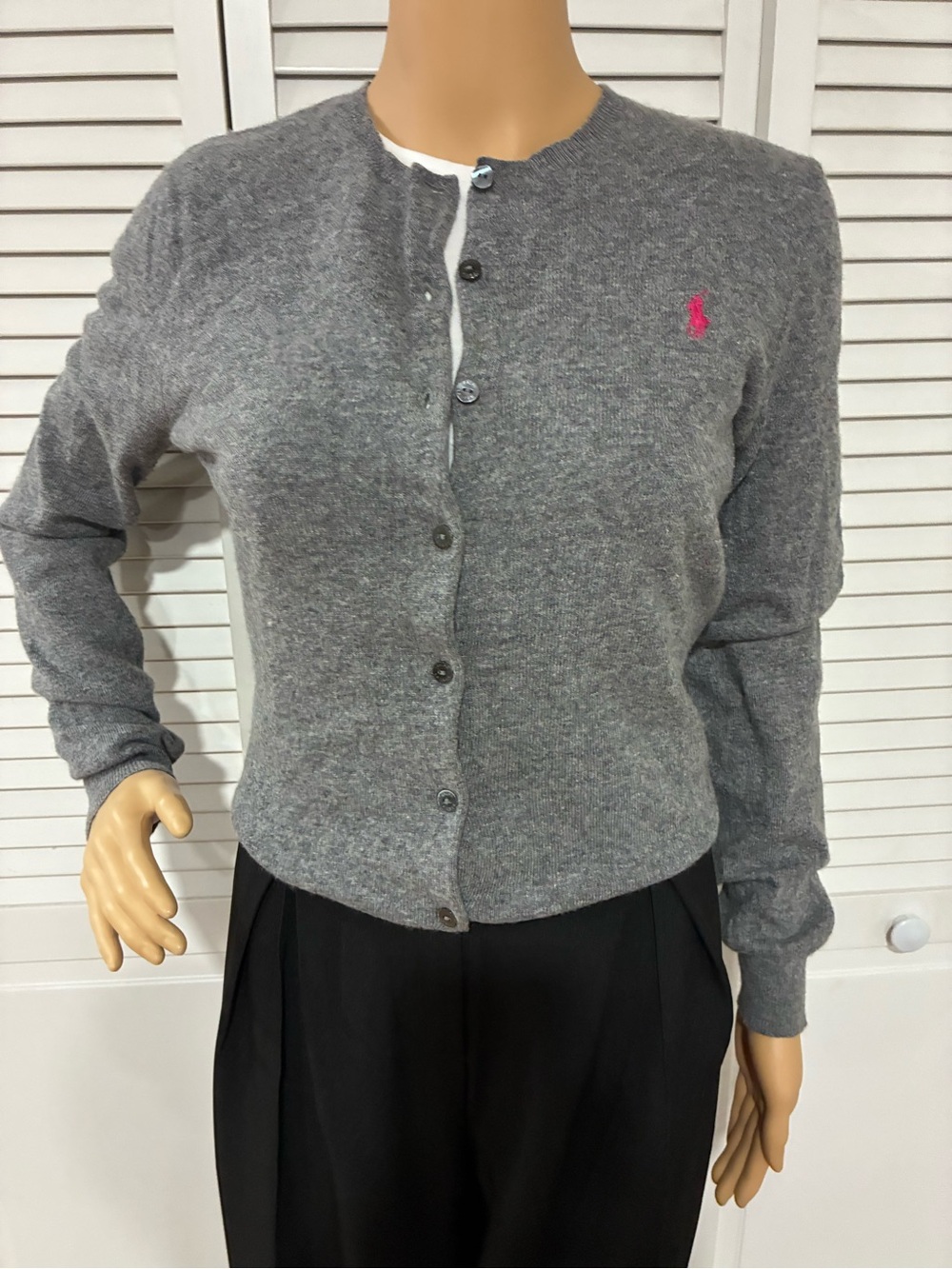 Vintage Ralph Lauren Gray Cardigan Sweater with Pink Pony Embroidery
